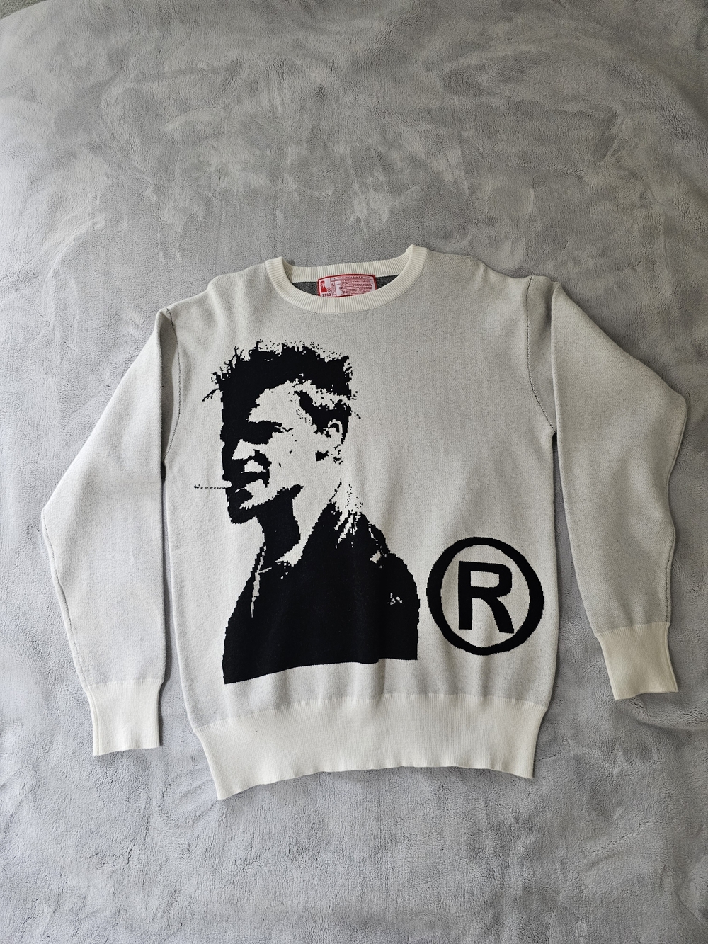 Men's Cream Crewneck Sweater with Black Graphic Portrait